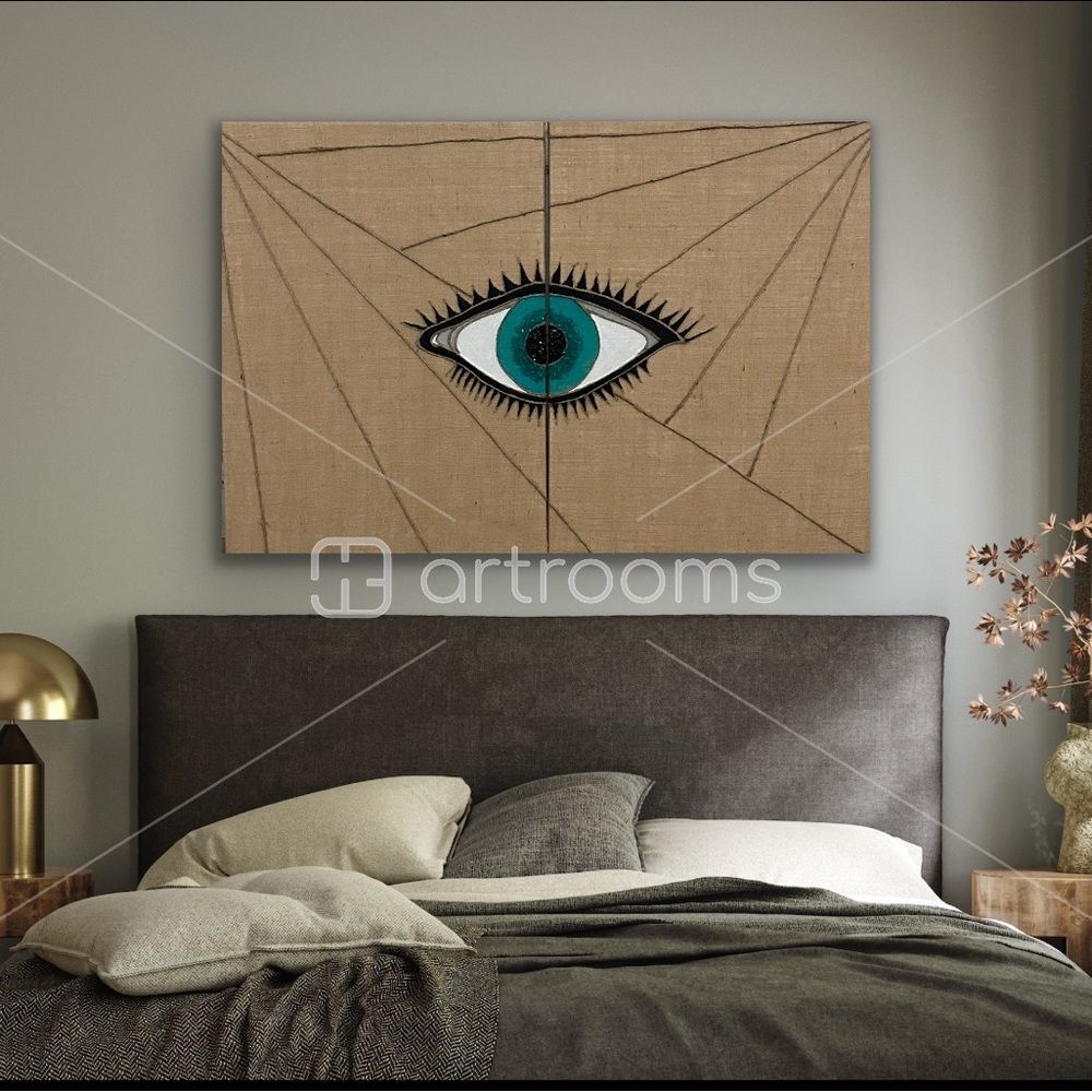 Textured Eye Sees All Linen Wall Art 2 Panels XXL. Boho, Mid-Century Inspired